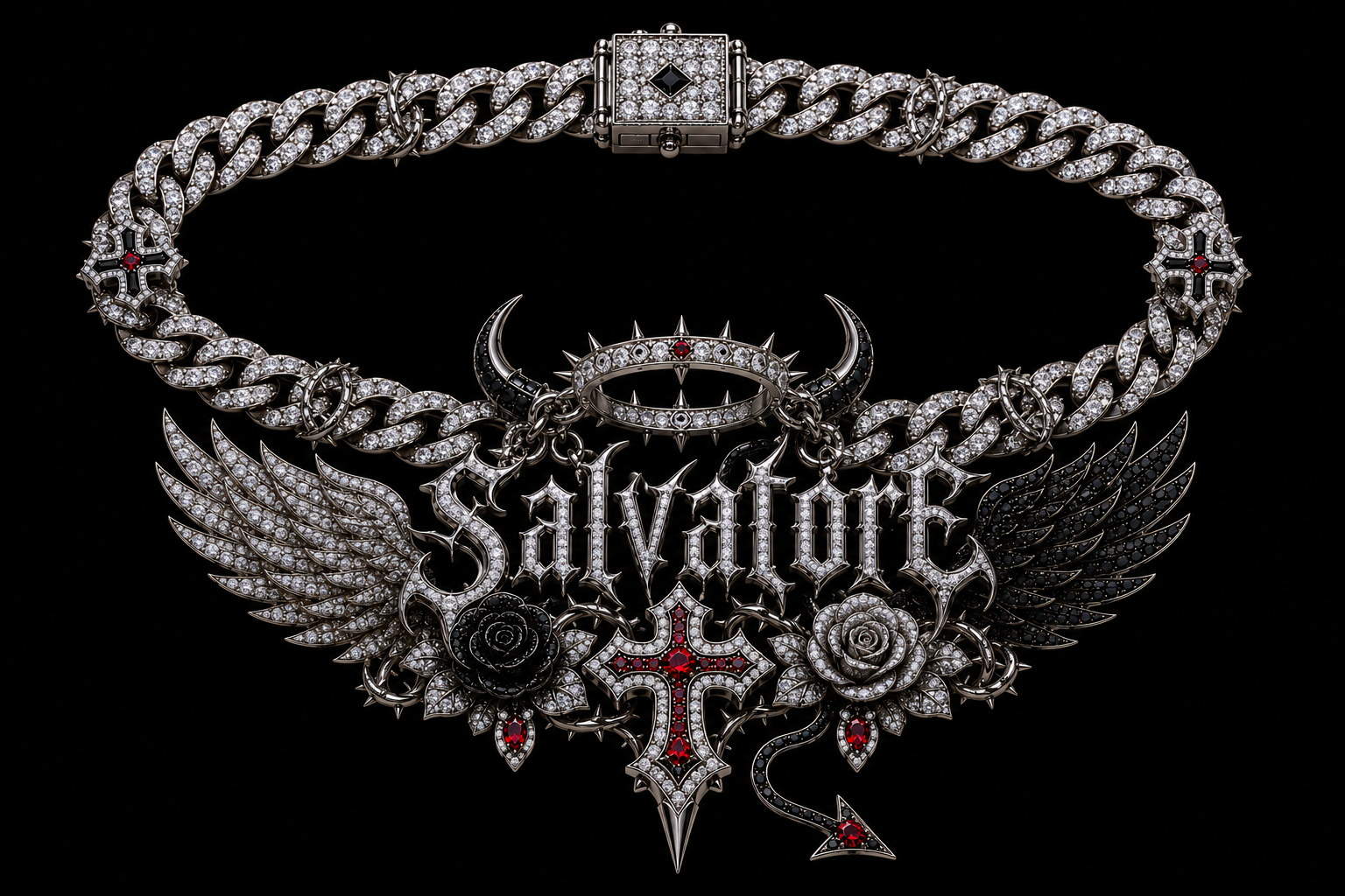 The Salvatore family chain, a diamond and ruby piece with wings, a rose, and a spiked halo